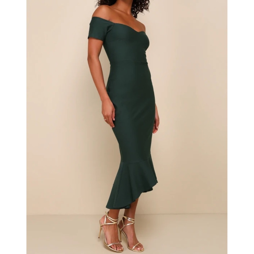 Lulus How Much I Care Ivory Off-the-Shoulder Dark Green Midi Dress size XS NWT
